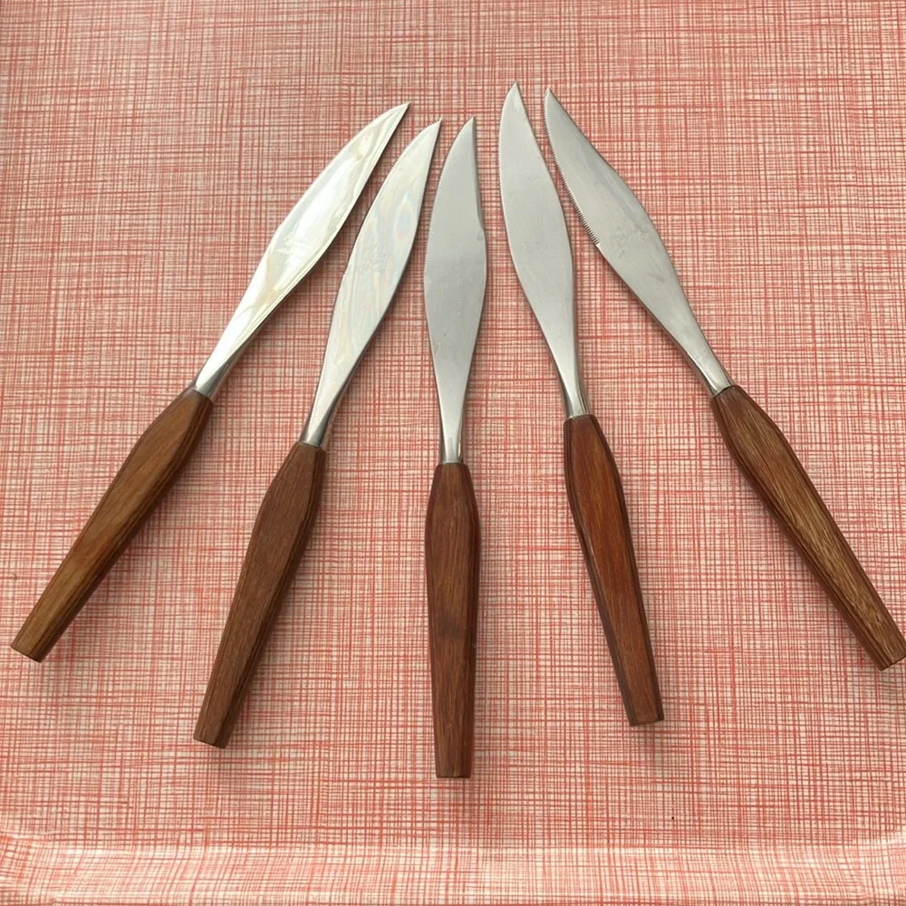 Set of 5 vintage MCM Stainless Steel Knives with Wood Wooden Handles